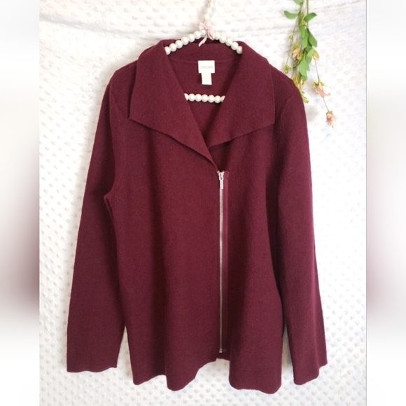 Chicos 2 100% Boiled Wool Asymmetric Zip Burgundy Sweater Jacket XL - Picture 4 of 8